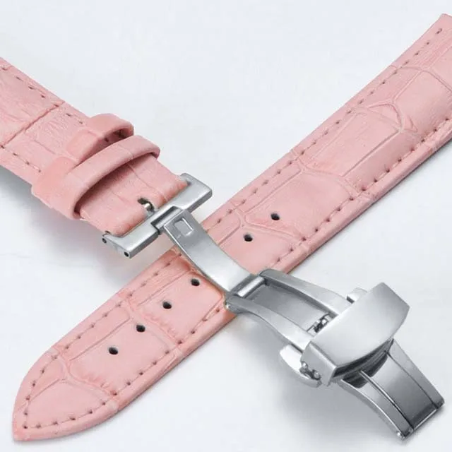 Pink-Silver Genuine Leather Watch Band Strap Stainless Steel Butterfly Clasp 14mm 15mm 16mm 17mm 18mm 19mm 20mm 22mm 24mm Watchband Gift - Цвет ремешка: Pink-Silver