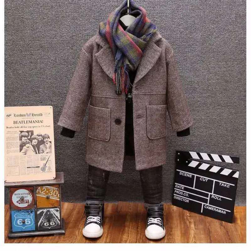 

Boys Woolen Coat 2023 Spring Autumn New Fashion Solid Turn Collar Outwear 5-14T Children Overcoat High Quality