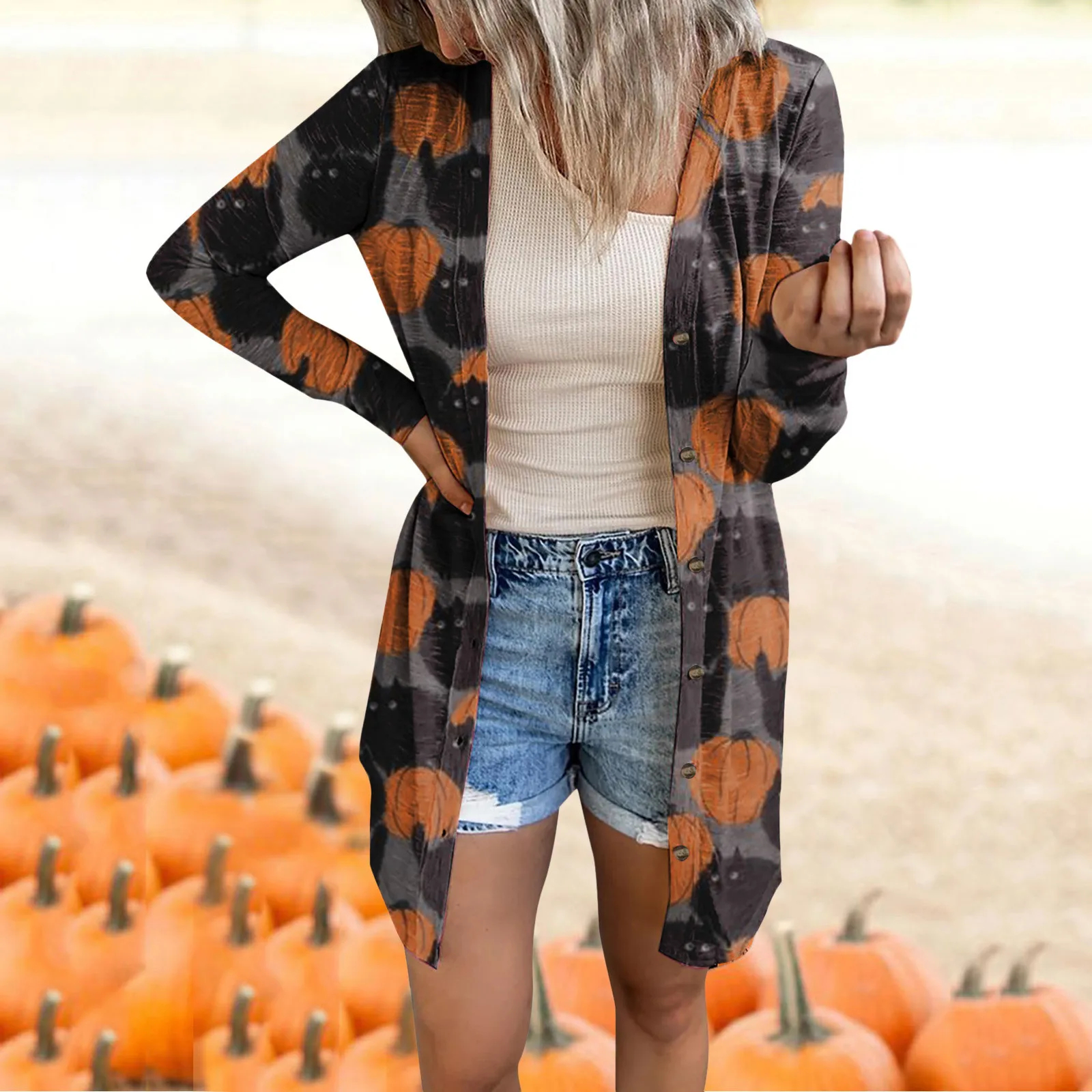 Womens Halloween Print Cardigan Long Sleeve Open Front Sweaters Long Blouse Lightweight Coat Winter Clothes Women Pull Femme New 1