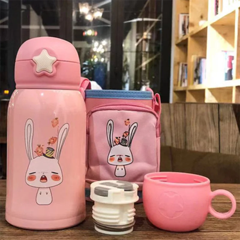 Pink Rabbit 600 мл мультфильм Единорог нержавеющая сталь вакуумная колба кружка термос для детей Детский портативный милый соломенная бутылка для воды с сумкой - Цвет: Pink Rabbit