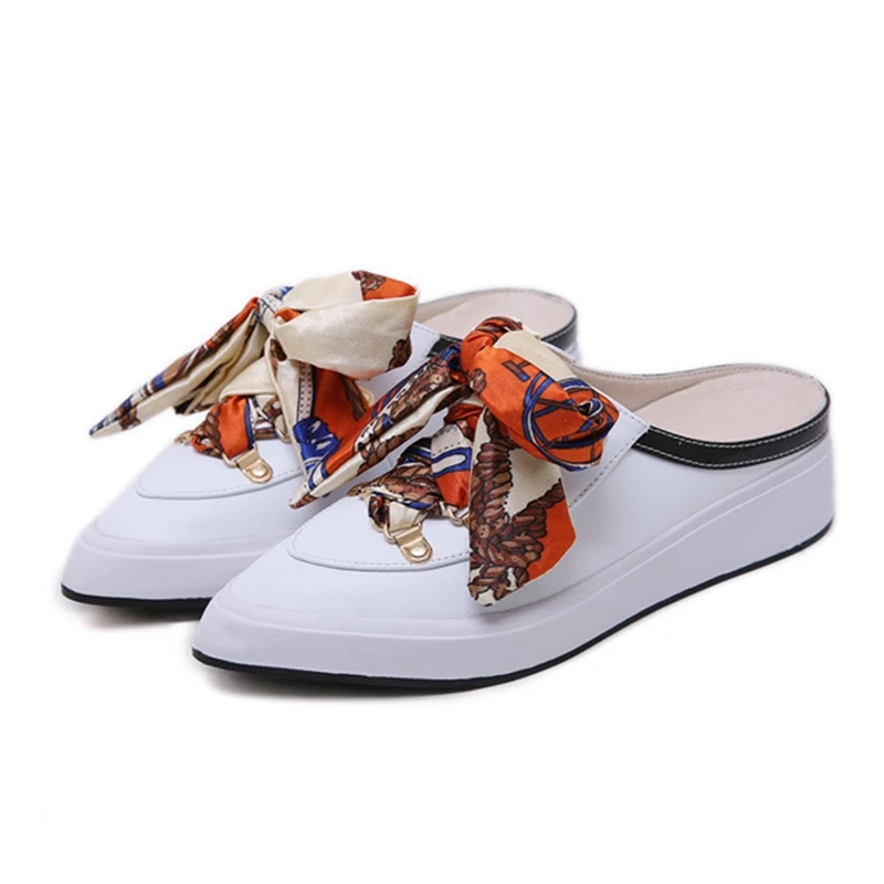 

Spring Autumn Loafers Slippers Women Flats Shoes Thick Bottom Slides Ladies Pointed-Toe Riband Platform Flats Shoe Half Slippers