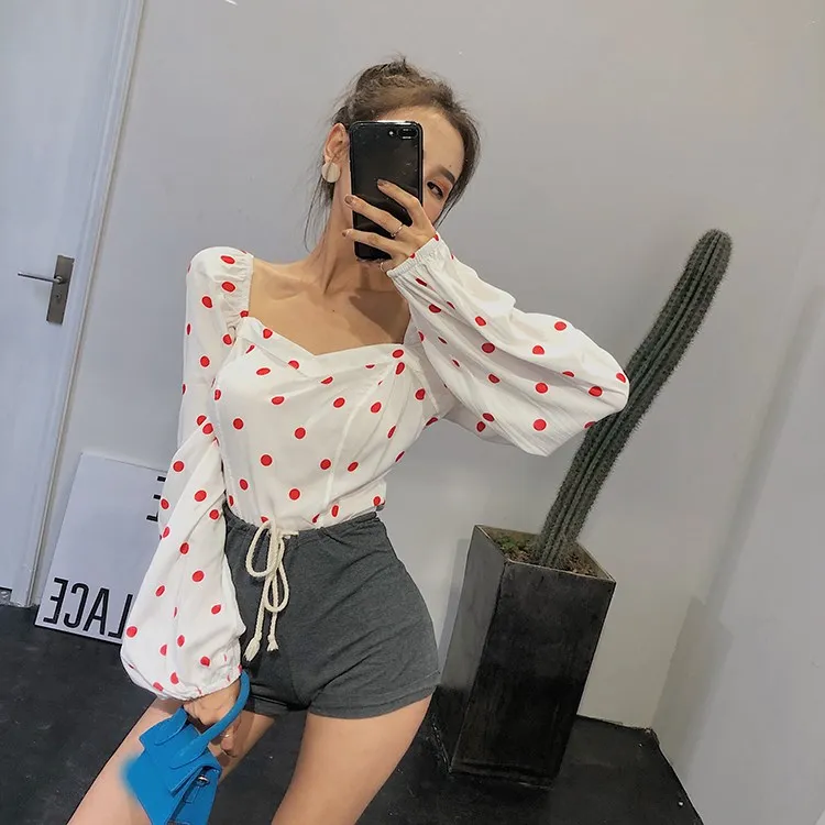 

Fashion Nice Summer Women Off Shoulder Dot Print Blouse Long Puff Sleeve Vintage Tops Square Collar Elegant Shirts