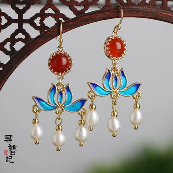 

Hanfu vintage Ming and Qing style imitation cloisonne pearl blue earrings earrings silk ball cloisonne earrings earrings