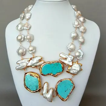 

18" 2 strands Cultured White Keshi Flower Pearl Blue Turquoise Necklace