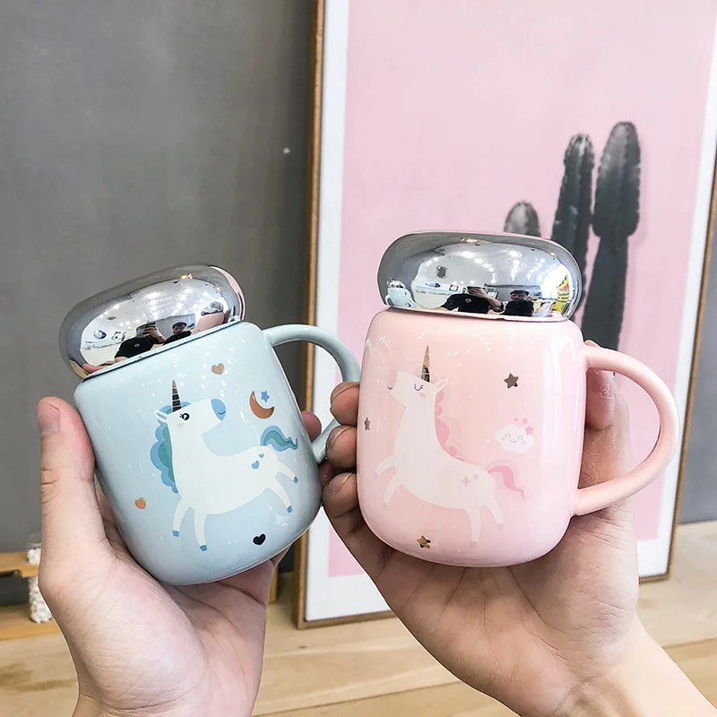 350ml Mirror Cover Sealed Ceramic Mug with Lid Handle Coffee Cup Cute Unicorn Korean Student | Дом и сад