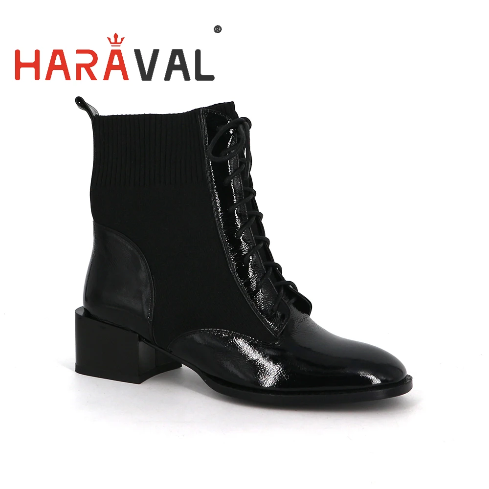 

HARAVAL Women Ankle Boots Shoes Spring Autumn Chelsea Boots Women Shoes Patent Leather Low heels Lace-up Black Factory sale D1