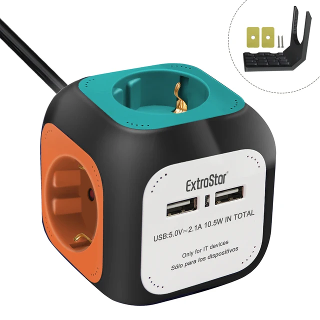 ExtraStar®Power Cube Cable 1.5 m Power Strip 4 Outputs, with 2 for USB charging 5V/2.1A, white/blue/red/mixed Mixed Color