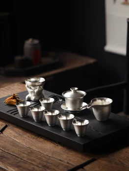 

TANGPIN 999 SILVER AND CERAMIC TEAPOT GAIWAN TEA CUP HANDMADE SILVER TEA SETS DRINKWARE