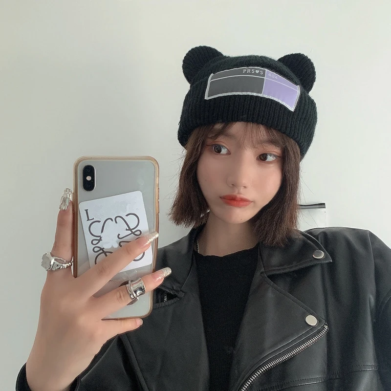 Y2K Balaclava for Women Bear Ears Ladies one Hole Ski Mask Crochet Full Face Knitted Hat Cute Hats with Ear Streetwear  Beanies 2