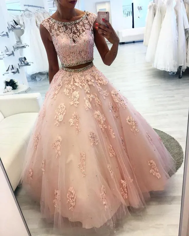 Очаровательное Розовое Бальное Платье из двух частей Vestidos De Quinceanera с прозрачным вырезом и кружевной аппликацией из кристаллов, платье для выпускного вечера 16 - Цвет: as picture
