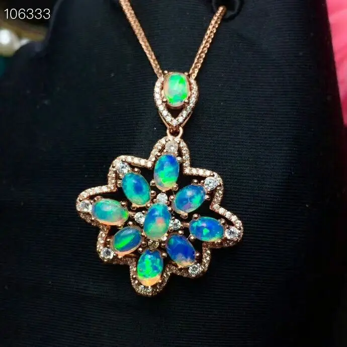 MeiBaPJ Many Beads Real Natural Opal Gemstone Flower Pendant Necklace 925 Pure Silver Colorful Stone Fine Jewelry for Women