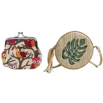 

NEW-Women's Owl Printed Coin Purse Wallet Canvas Pouch Money Bag(Khaki) with Round Women Straw Bags (Leaves)