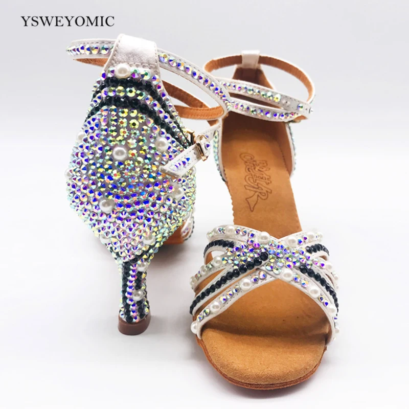 Shiny Women Bachata Latin Shoes with Peals Colorful Rhinestones Women Confortable Flexible Suede Sole Latin Salsa Dancing Shoes