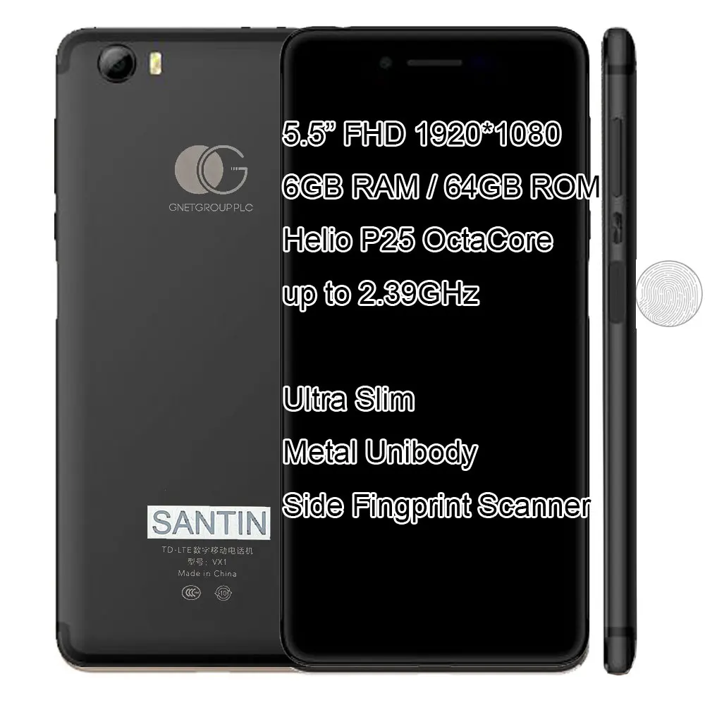 Vendedor Caliente 6GB RAM 64GB ROM MTK6757 Octa Core cuerpo de SANTIN VX1 Ultra Slim 5,5 "La HDTouch ID 4G LTE Smartphone móvil Android rBKGDVDA