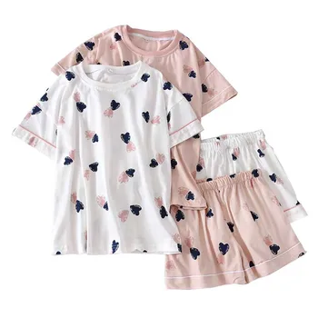 

Summer new japanese style pajama set ladies fresh style short sleeve heart printed o-neck women comfort full cotton homewear 009