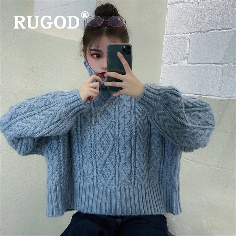 RUGOD вязаный свитер с высоким воротом, пуловер с крученым узором, однотонный джемпер, зимние топы для женщин, вязаная одежда, Свободный корейский стиль, модная одежда