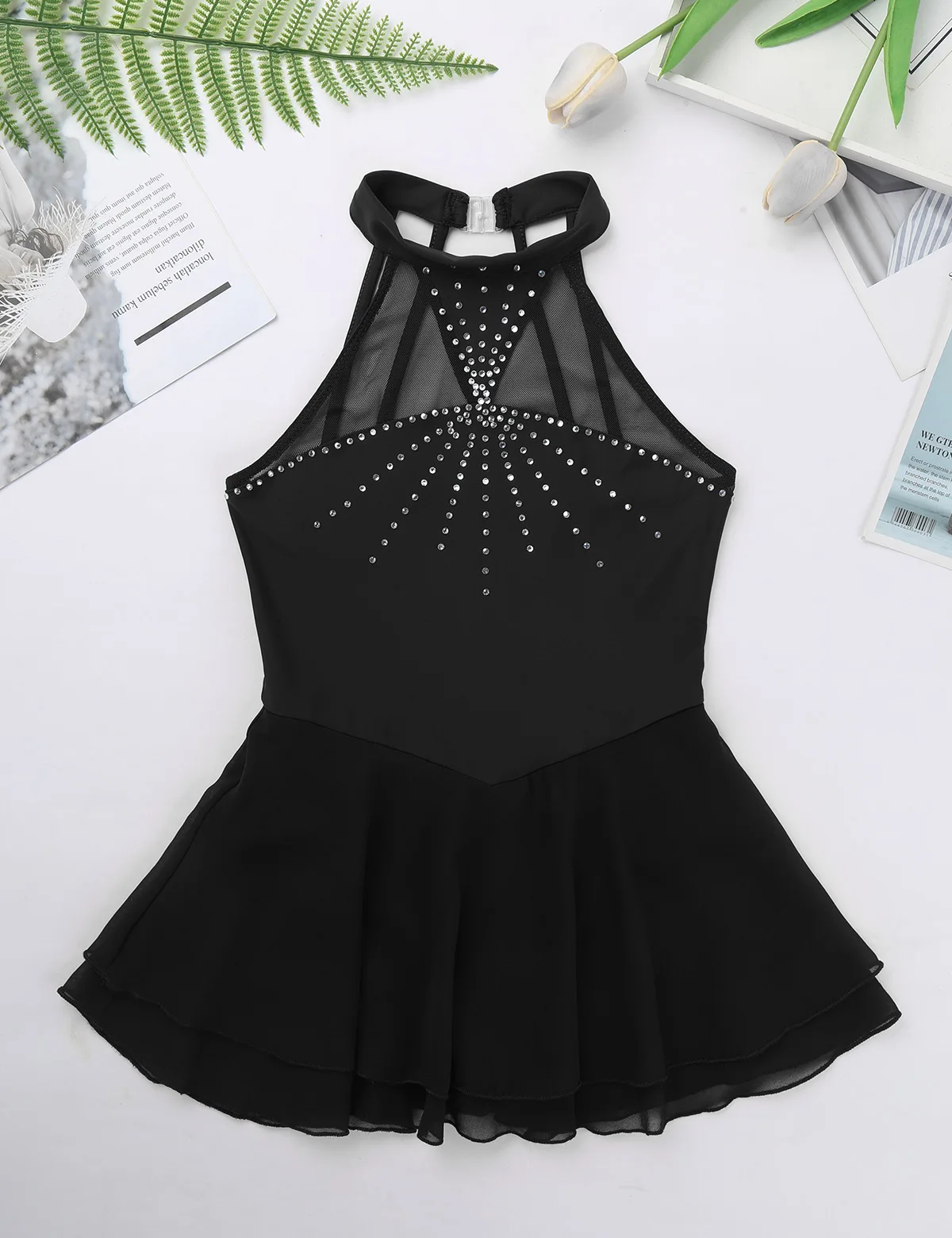 Kids Girls Rhinestone Dress Mesh Splice Figure Roller Skating Ice Skating Dress Ballet Dress Dance Costume Gymnastics Leotard