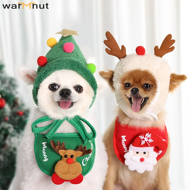 

WarmHut Christmas Dog Costume Hat Bandana Set Santa Dog Costumes Reindeer Christmas Tree Pet Headbands and Bib for Small Puppy