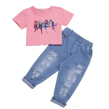 

Baby Summer costumes girl clothes suit fashion cartoon Little bird Short Jacket hole jeans quality child clothing 2020 new hot