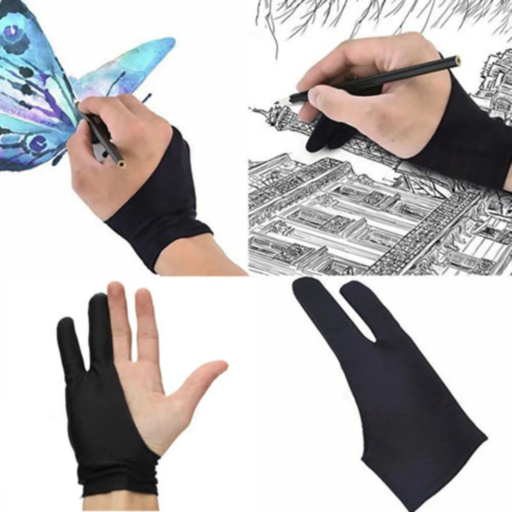 Guantes de dibujo y bolígrafo para tableta gráfica, guante antisuciedad de dos dedos para el hogar, para artista, mano derecha, izquierda, negra, talla libre