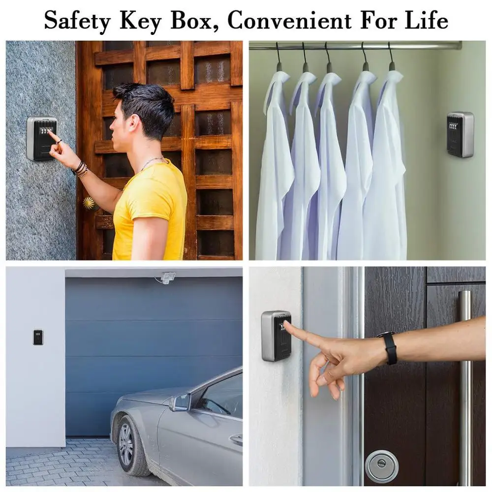 Password Key Box Wall-Mounted Metal Weatherproof 4-Digit Combination Box Outdoor Key Storage Anti-Theft Storage Box