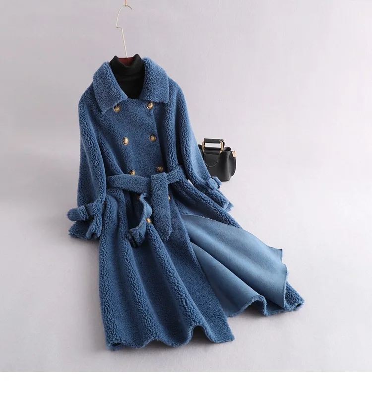 Darker blue Осенне-зимнее новое женское двубортное плюшевое пальто, элегантное утепленное длинное пальто из натуральной овечьей шерсти, женские свободные повседневные куртки - Цвет: Darker blue