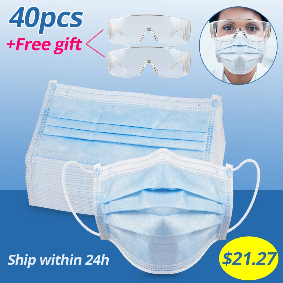 

40pcs Mouth face Mask Earloops-Mask formaldehyde Non Woven Disposable Anti dust bad smell mouth Mask + 2pcs Protective Glasses
