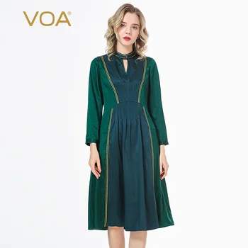 

VOA 19MM Silk Half-Collar Button Leak Design Contrasting Color Stitching Bright Yellow Arch Pin Long-Sleeved Dress Female AE169