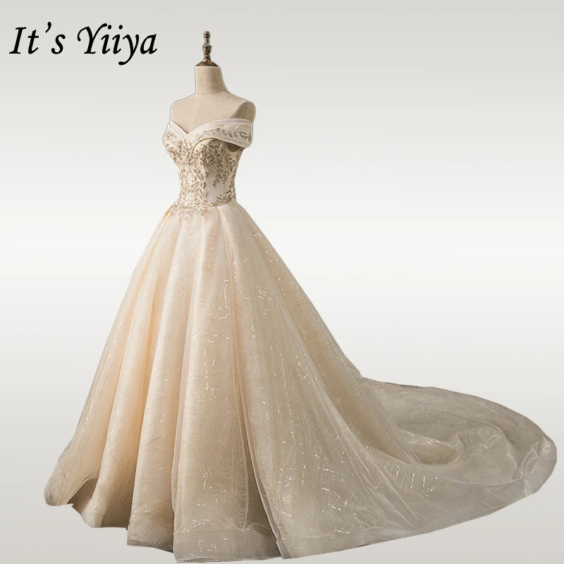 

It's YiiYa Wedding Dresses Champagne Sequins Wedding Dress For Women Elegant Vestido De Novia OY009 Off The Shoulder Bridal Gown