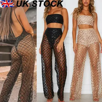 

Women's High Waist Sexy See Through Plaid Mesh Beach Sheer Long Wide Leg Pants Trousers Night Clubwear