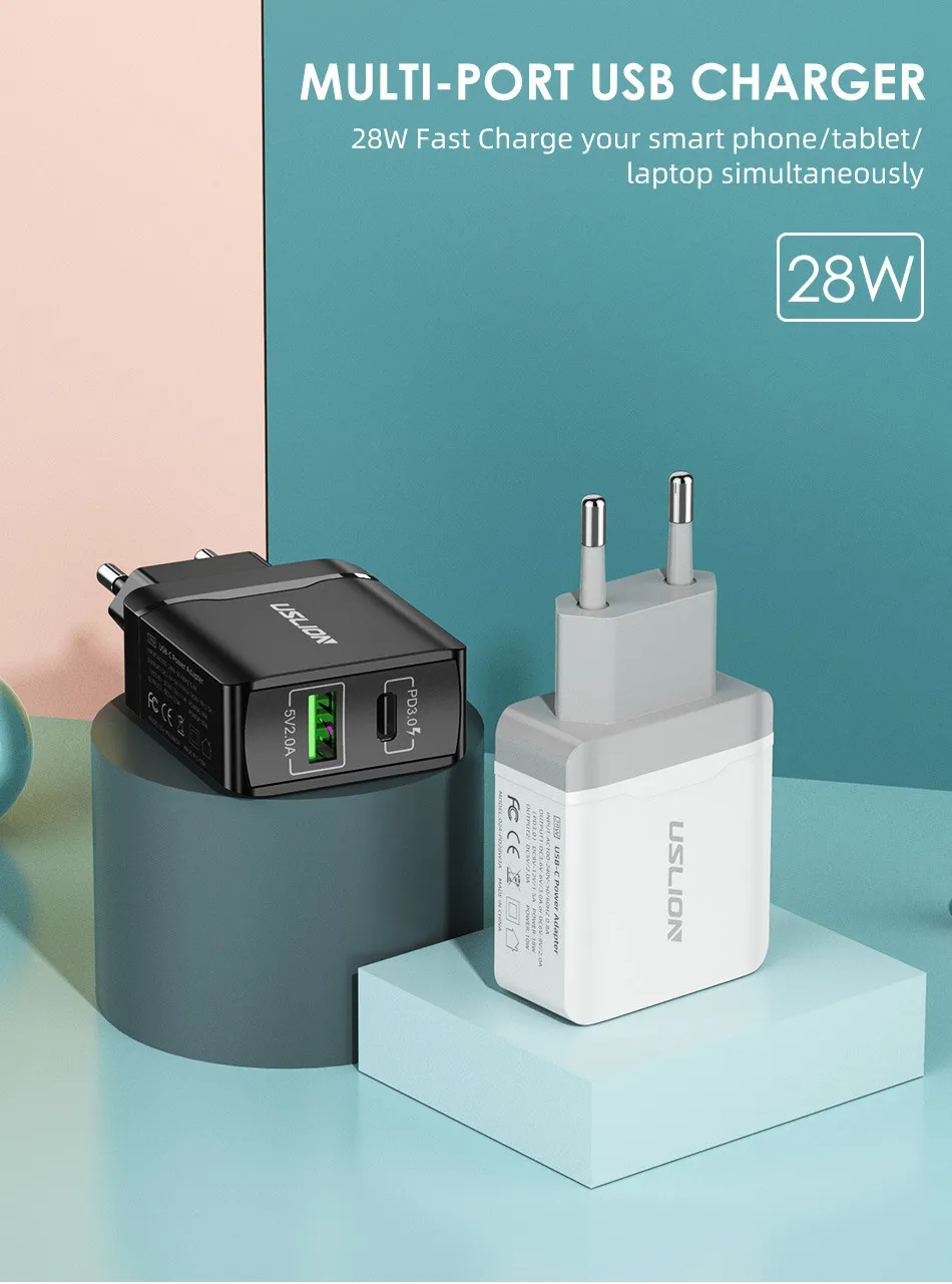 USLION PD3.0 USB зарядное устройство с европейской вилкой, настенное зарядное устройство для мобильного телефона s для iPhone 11 Pro Max X XR 7 8 samsung Xiaomi huawei, быстрая зарядка