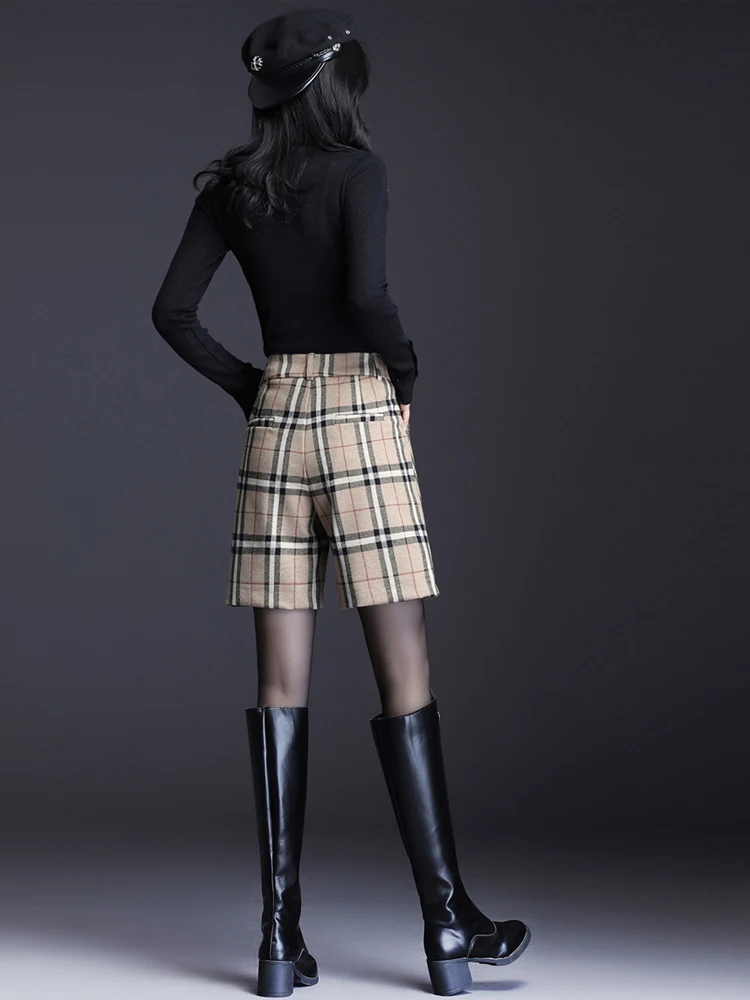 New Autumn Winter Wool Short Women Korean High Waist Shorts Plaid Wide Leg Shorts Casual Loose plus size shorts