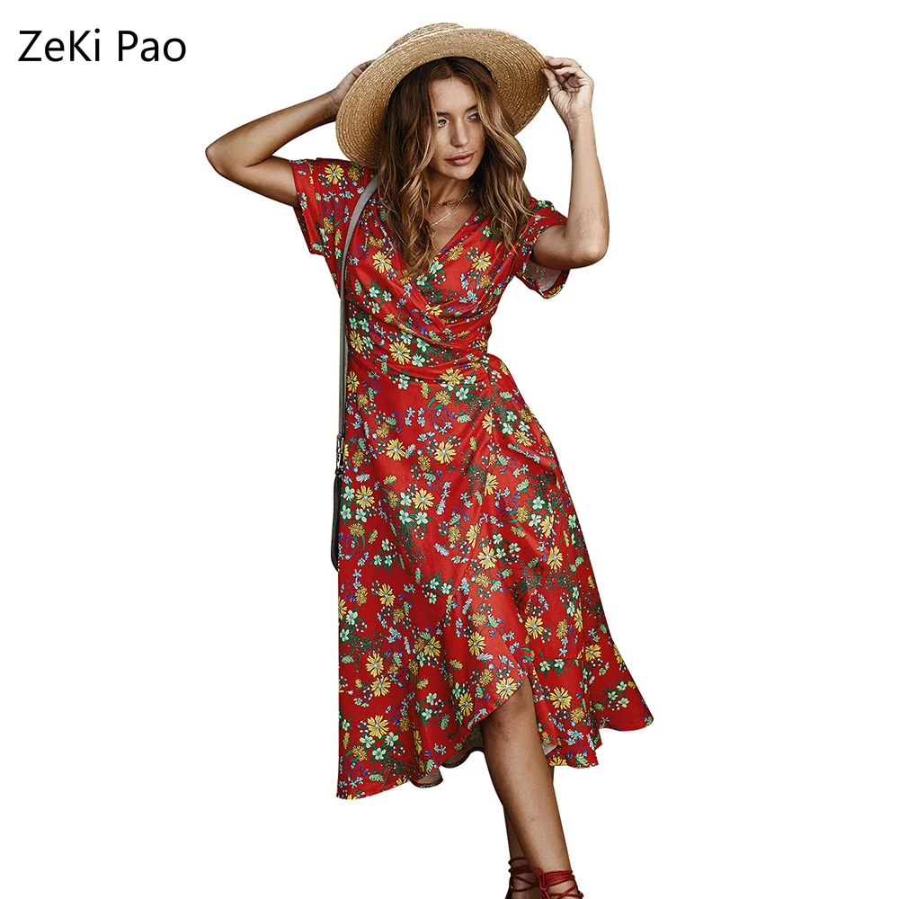 

2020 Summer Beach Long Women Dresses Floral Print Boho Dress Sexy V-Neck High Slit Bodycon Party Dress Ruffle Femme