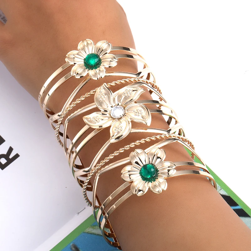 

FLDZ New Fashion Long Gold Bangle For Women Hollowed Bracelet Metal Flower Pattern Crystal Opening Bangles Jewelry Accessories
