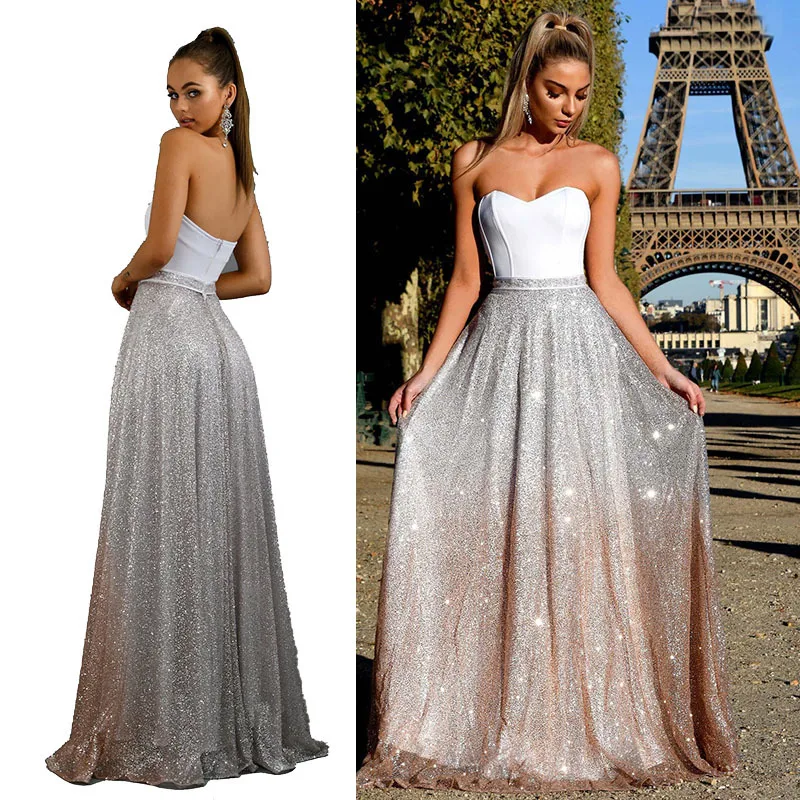 

Strapless Sexy Sequin Dress Women Summer 2019 Silver Glitter Party Dress Patchwork Ladies White Evening Long Dresses For Women