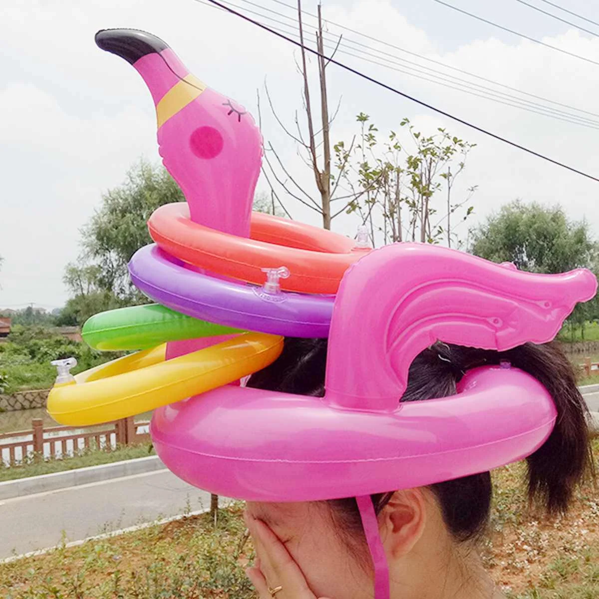 Портативный надувной головной убор Фламинго с 4 шт. колечки для поделок игра для семьи вечерние пулы и водные развлечения игрушки розовый из ПВХ материала