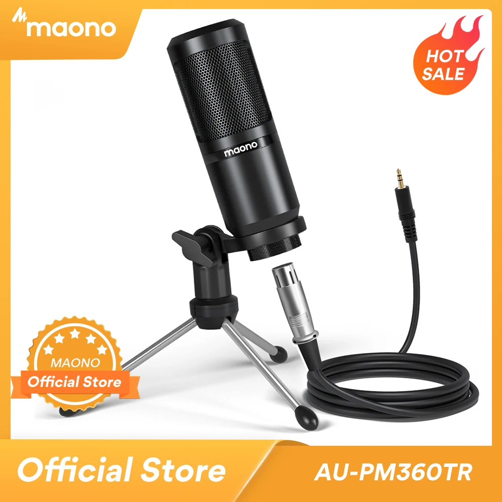 MAONO AU-PM360TR Condenser Microphone 3.5mm to XLR Cardoid Mic With Tripod for Tiktok Podcast Vlog PC Phone Audio Recording