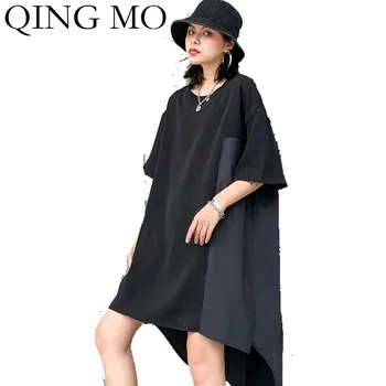 

QING MO Plus Size Women Black Irregular Dress 2020 Summer Women Casual Solid Dress Female Round Neck Short Sleeve Dress ZQY3725