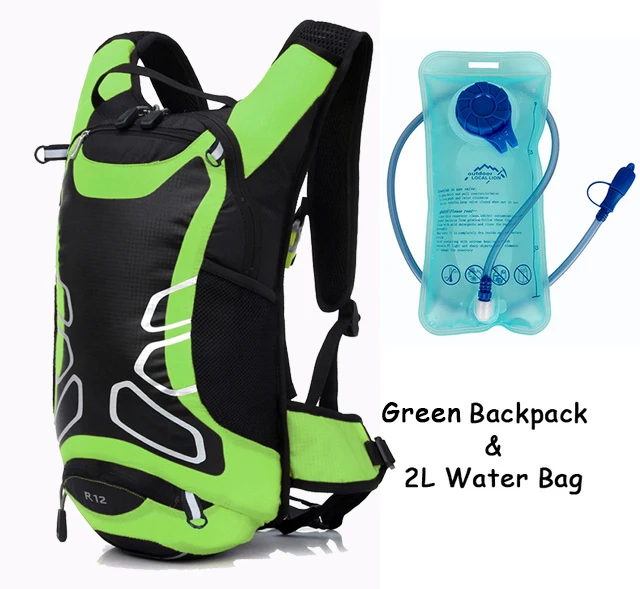 Green and waterbag 12л велосипедный гидратационный рюкзак, сумка для воды, открытый спортивный рюкзак, ночной светоотражающий рюкзак для бега с 2л мочевым пузырем, сумка для воды - Цвет: Green and waterbag
