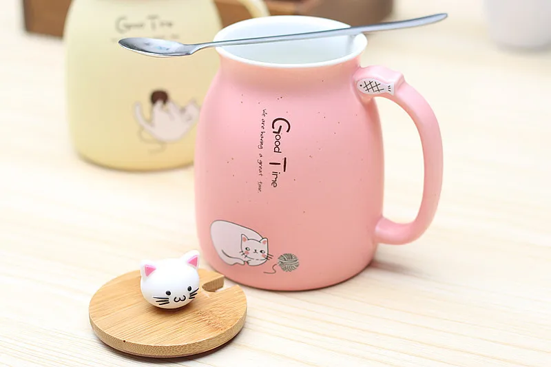 450ml Cartoon Ceramics Cat Mug With Lid and Spoon Coffee Milk Tea Mugs Breakfast Cup Drinkware Novelty Gifts