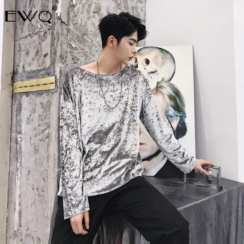 

EWQ 2019 Spring New Arrival Men Long Sleeve Tee Shirt Casual Chic Velvet Loose Slim All-match Tee Shirt Men's Tops HE002