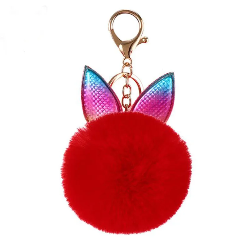 

Fur Pom Pom Keychain Fake Rabbit Fur Ball PU Leather Rabbit Ears Key Chain Pompom Fluffy Women Bag Charms Keyring 13 Colors