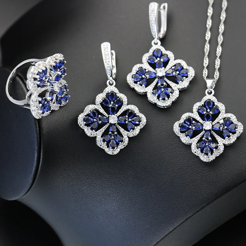 Bague Ringen, 8 цветов, драгоценные камни, серебро 925, ювелирные наборы для женщин, клевер, кольцо, серьги, ожерелье, роскошный дизайн, костюм из трех предметов - Gem Color: Dark Blue