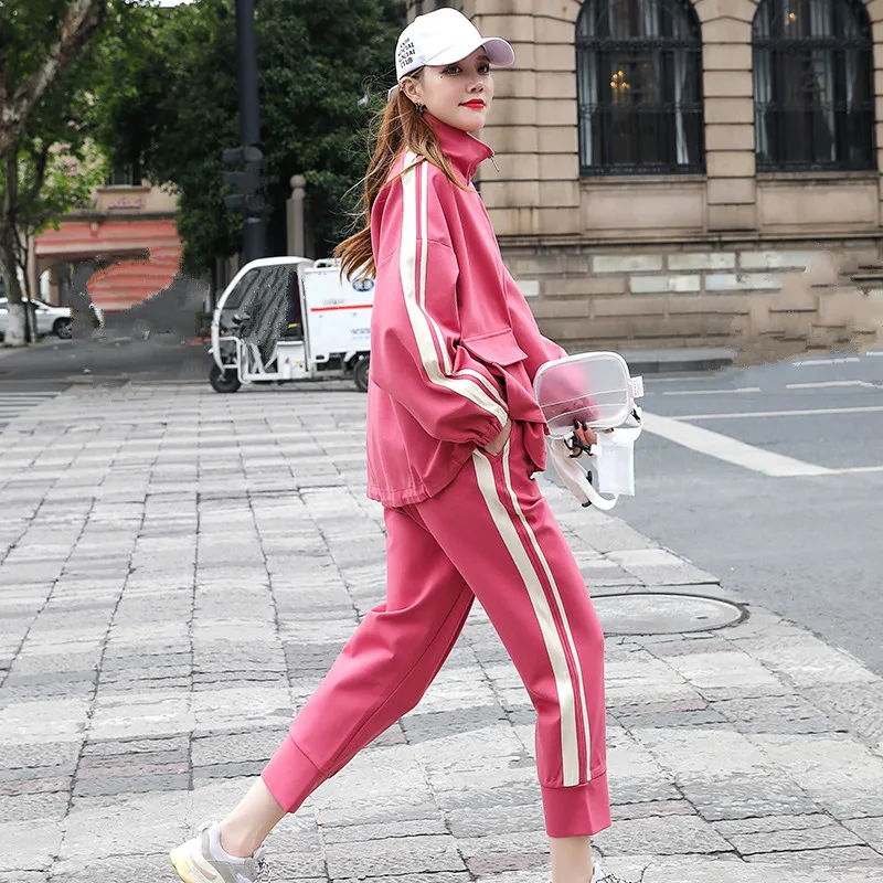 

2019 Spring autumn casual Tracksuit Women two piece sets Black Zipper Long Sleeve Outfits korean Tops+pants Female trousers suit