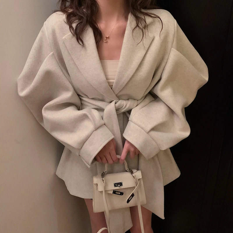 BGTEEVER Elegant Women Blend Coat Vintage Puff-sleeve Belted Female Woolen Coats Autumn Winter Office Ladies Overcoats Jackets