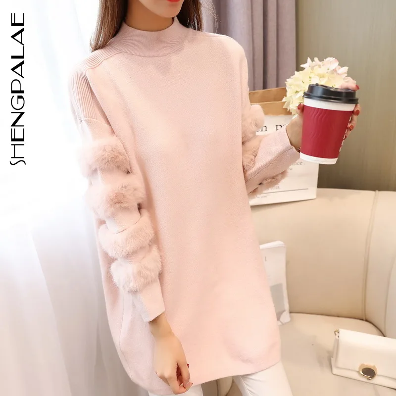 

SHENGPALAE 2019 Fashion Woman Spring Loose Pullover Casual Patchwork Fur Long Sleeve Sweater Knitting Female TA078
