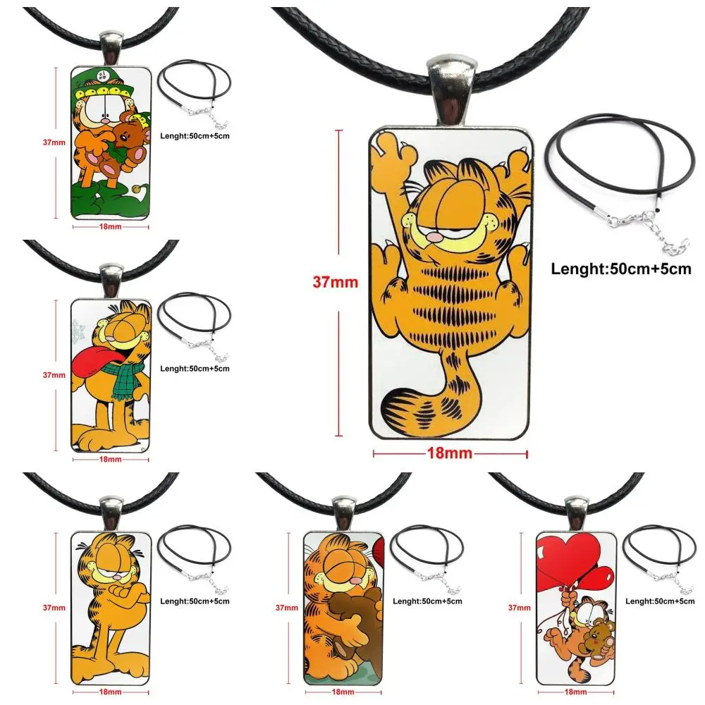 For Women Wedding Cute Cartoon Garfield Cat Gif Glass Cabochon Jewelry Steel Color With Long Pendant Choker Rectangle Necklace | Украшения