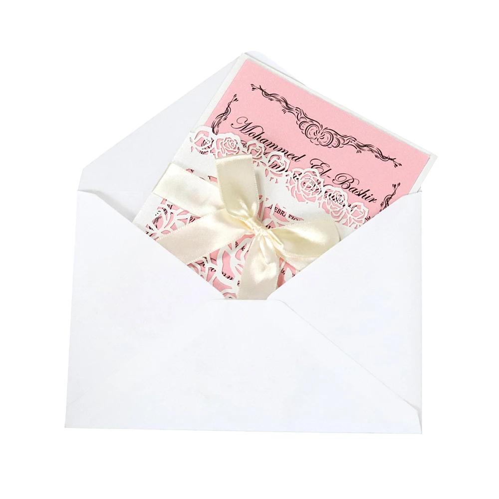  10pcs Laser Hollow Rose Group Pocket Wedding Invitation with Bow Invitation Card Decoration Card Co - 4.00053E+12