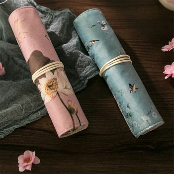 

Vintage Palace Style Pen Pencil Bag Wrap Roll Vintage Flower Apricot Lotus Crane Storage Pouch for Pens Stationery School F6008