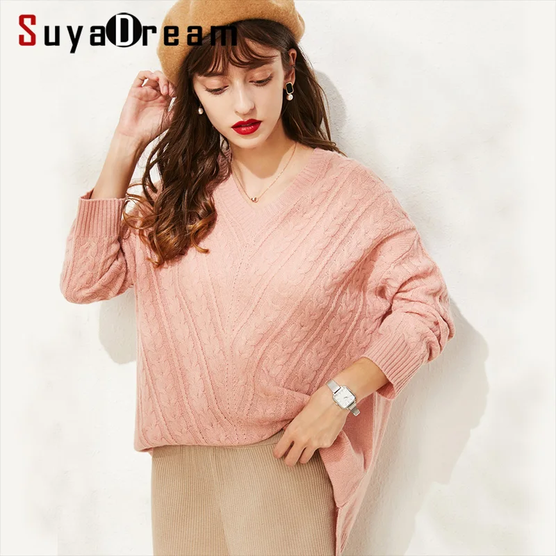 

SuyaDream Bat Sleeved V neck RIB Pullovers 100%Wool Women wool Sweaters 2019 Autumn Winter Knitwear
